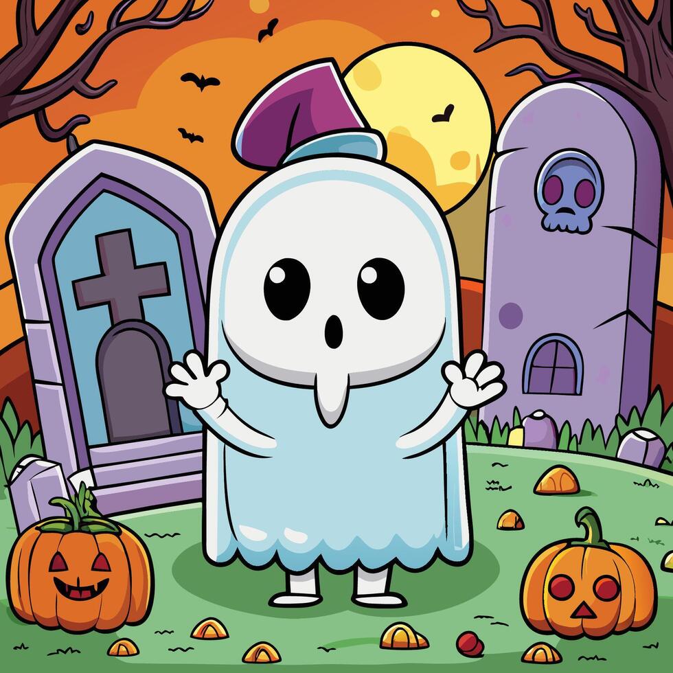 Enchanting Halloween Illustration of a Cute Ghost and Tombstone vector
