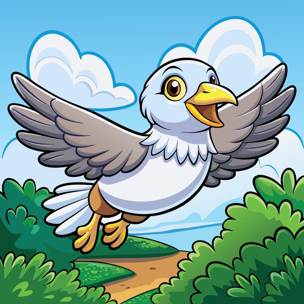 Adorable Flying Cartoon Gull Bird with WideSpread Wings Icon Illustration vector