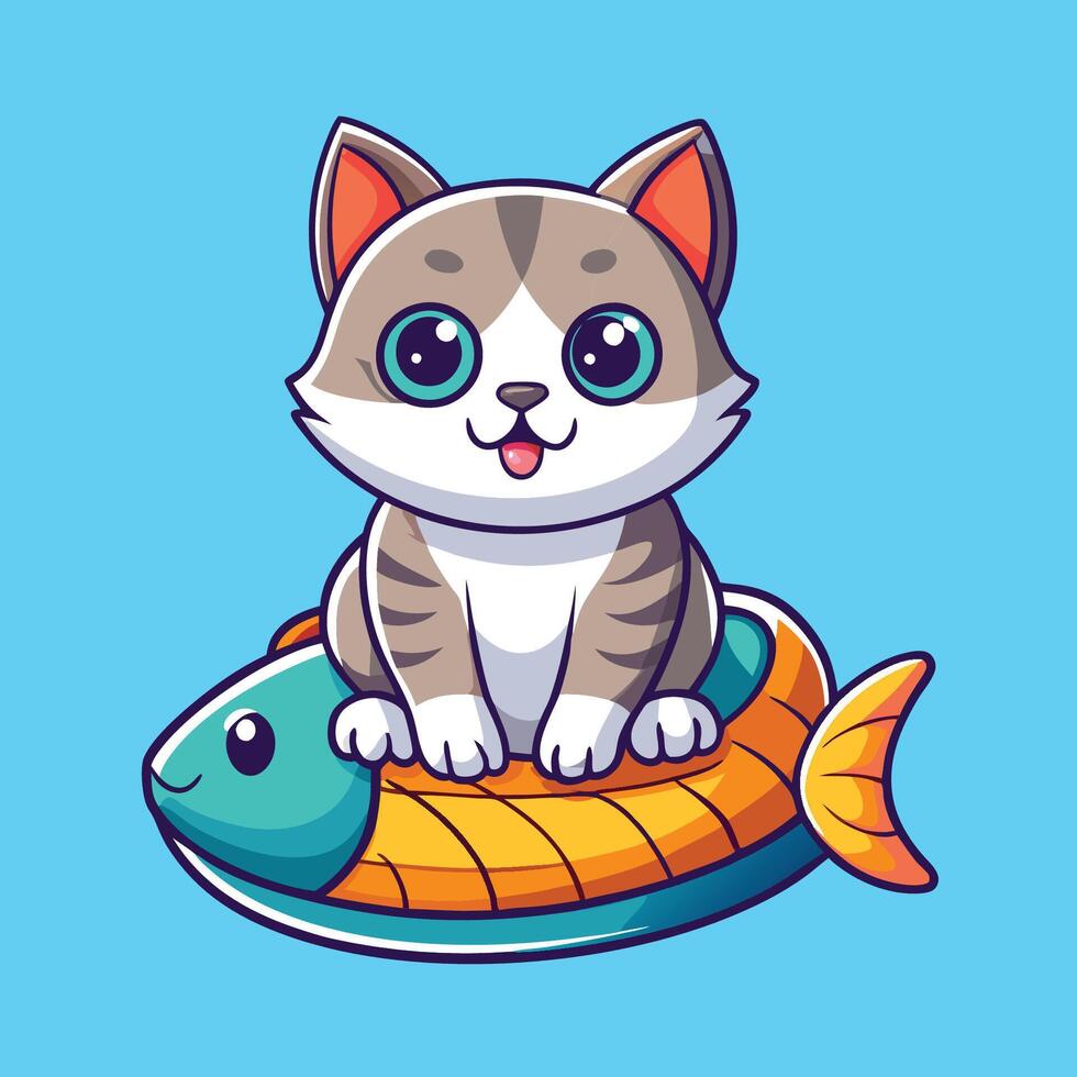 Adorable Cartoon Cat Resting on a Fish Illustration vector
