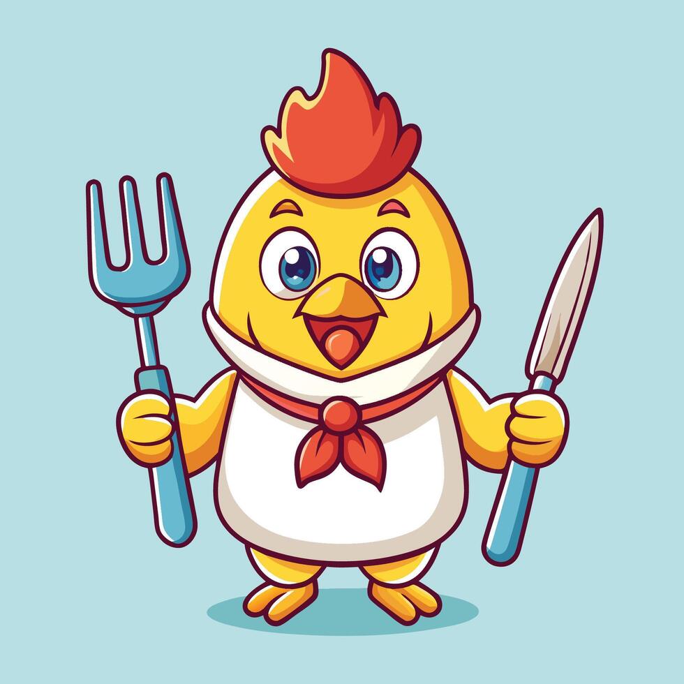 Amusing Cartoon Depicting an Adorable Chicken Holding Fork and Knife vector