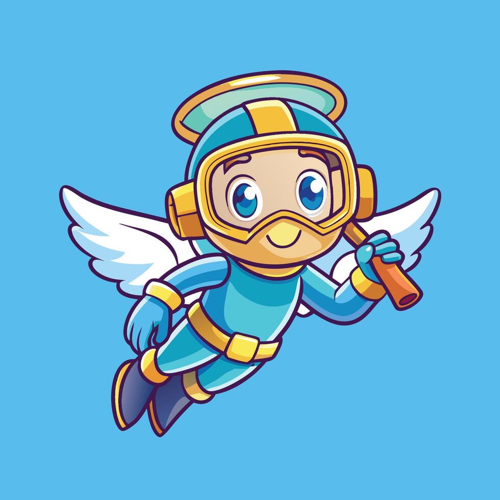 Adorable Flying Cartoon Icon of a Diving Angel with Wings vector