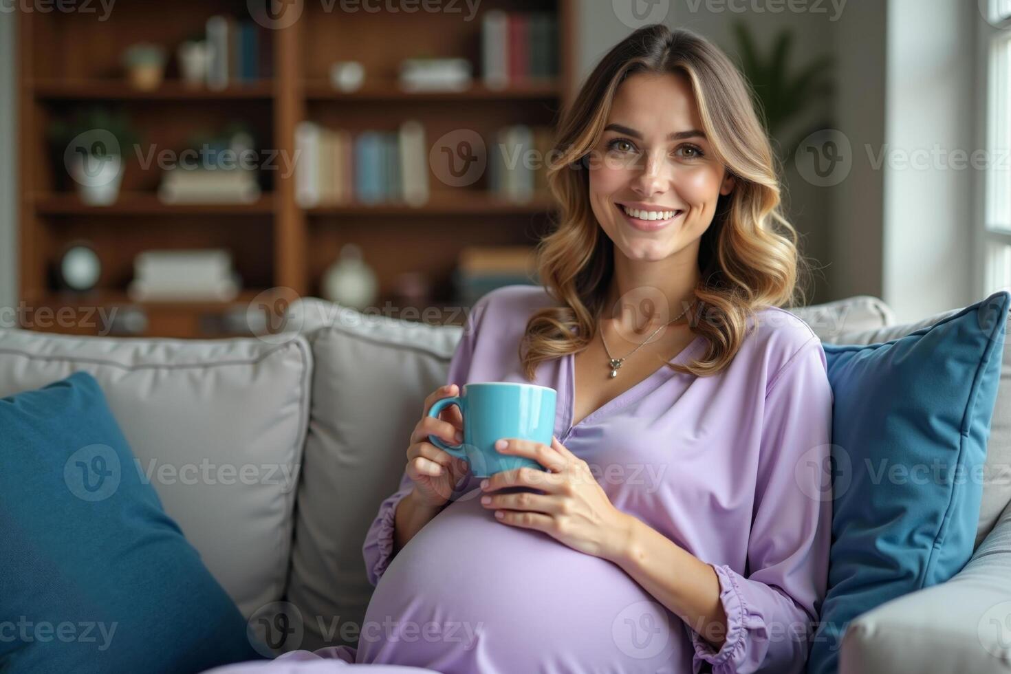 photo of pregnant woman sit on couch both hands holding cup of coffee,