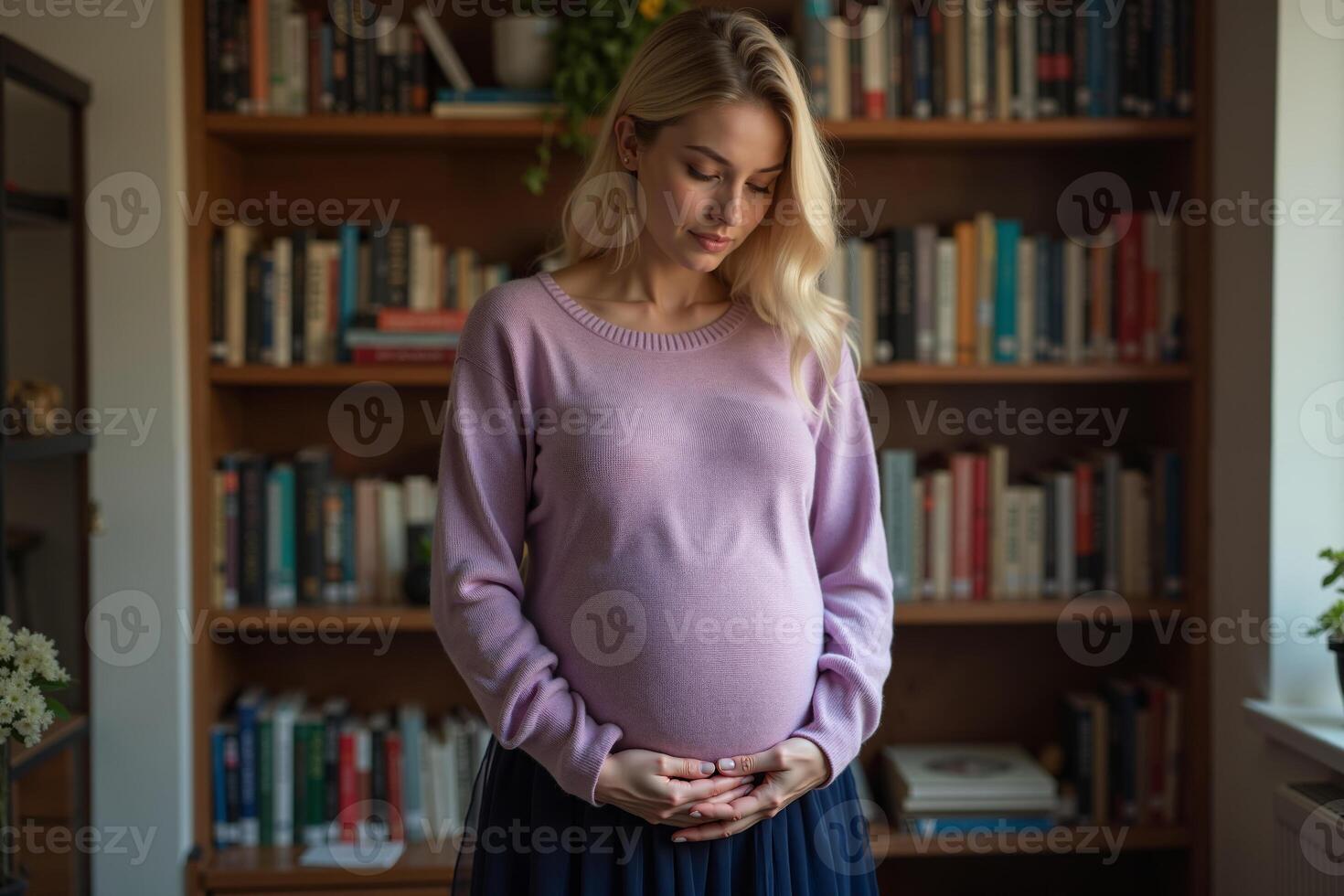 photo of pregnant woman standing with shelf of book on background,