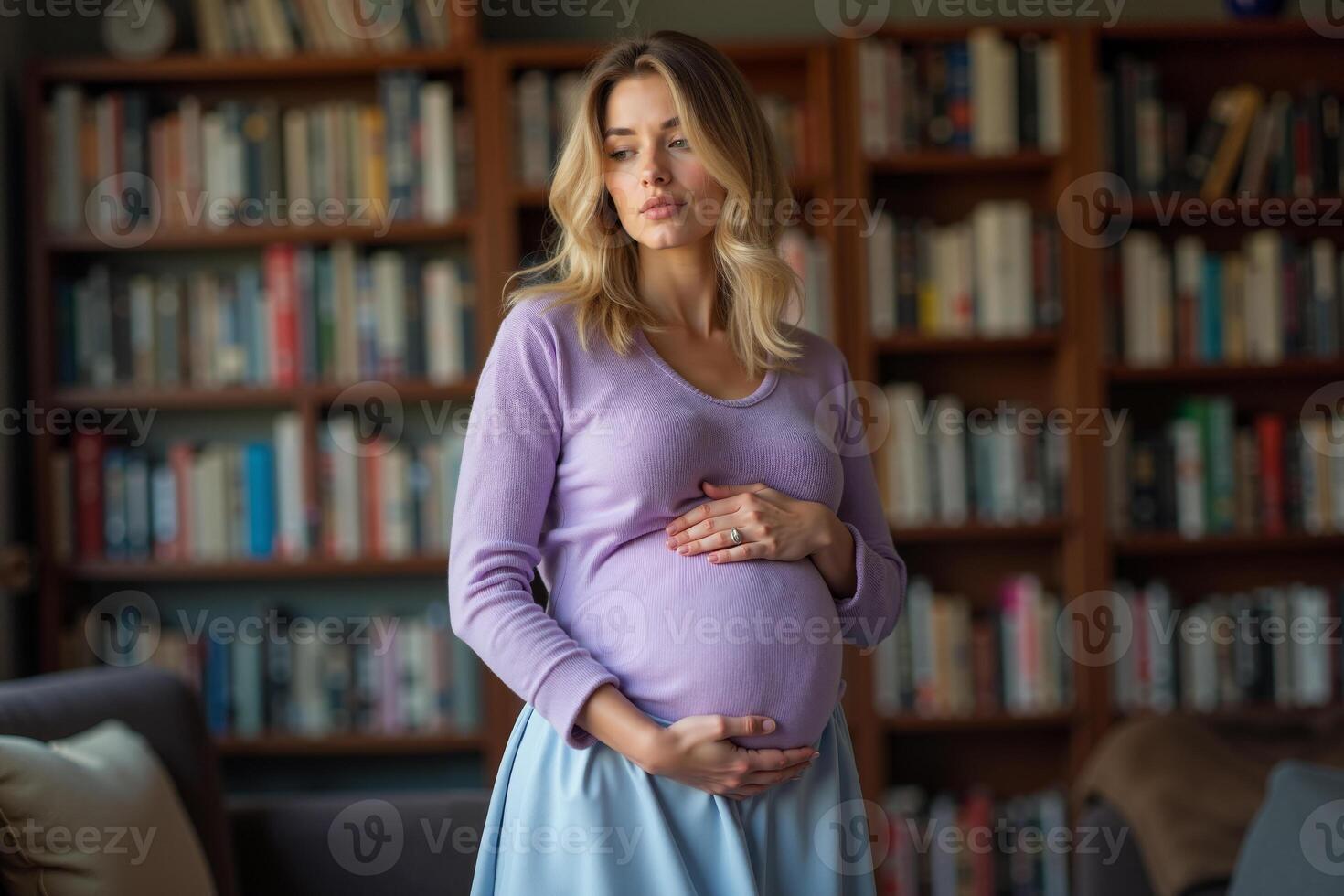 photo of pregnant woman standing with shelf of book on background,