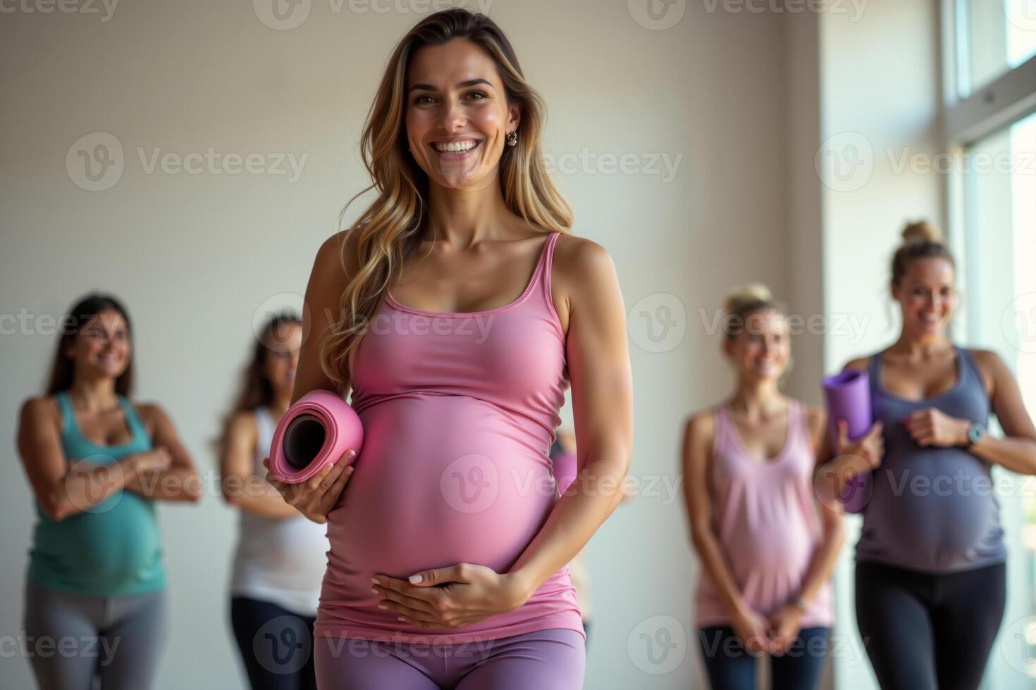 photo of pregnant woman with yoga mat at yoga room studio,