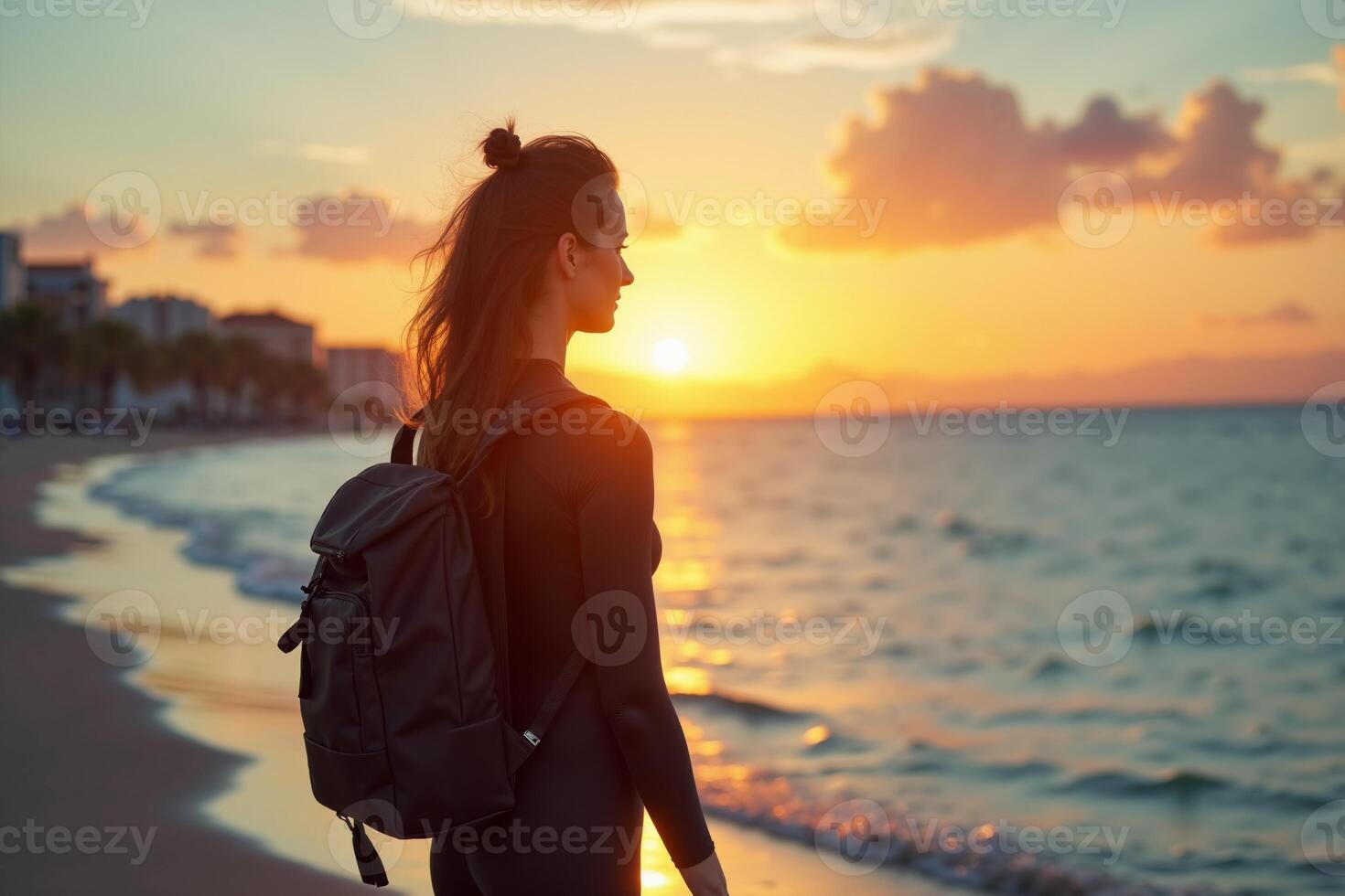 photo of diver woman with bag at sea ocean beach sunset evening,