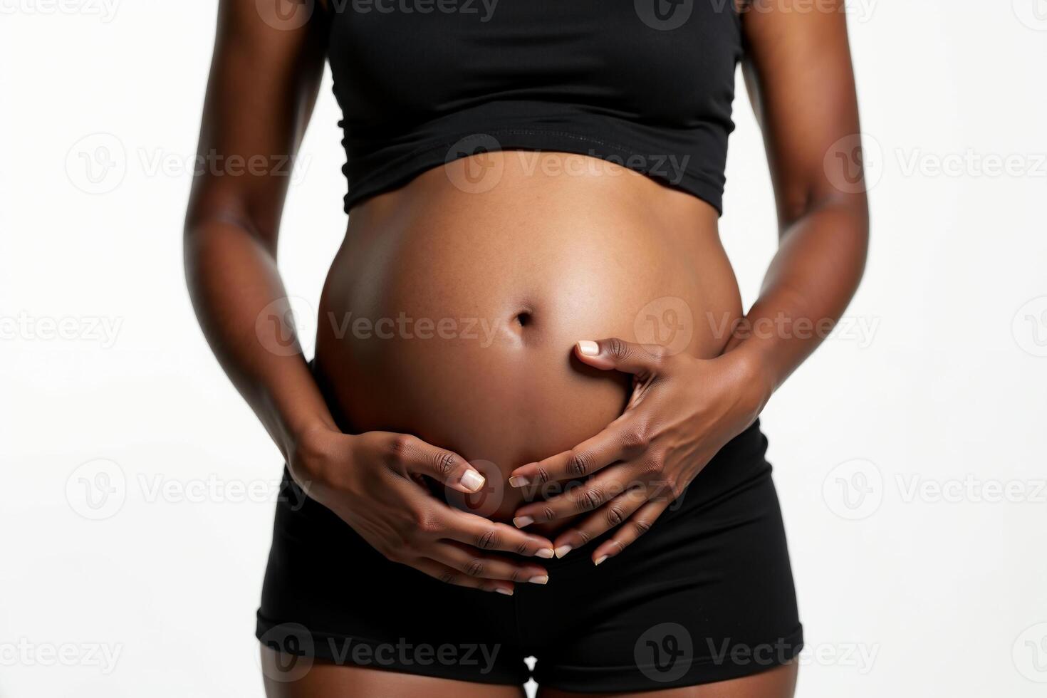 photo of close up shot pregnant woman on white background,