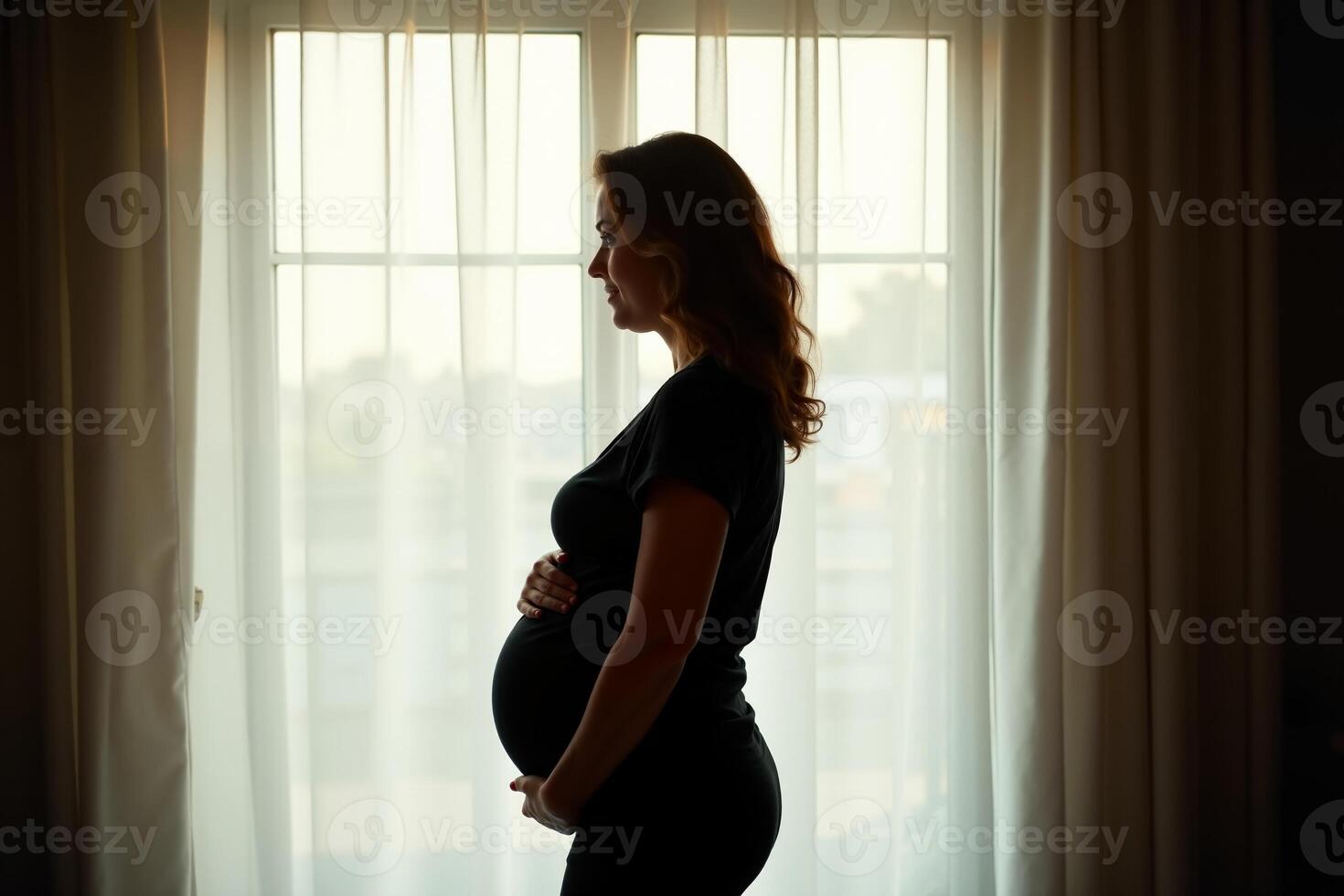 photo of silhouette pregnant woman with white curtain in background,