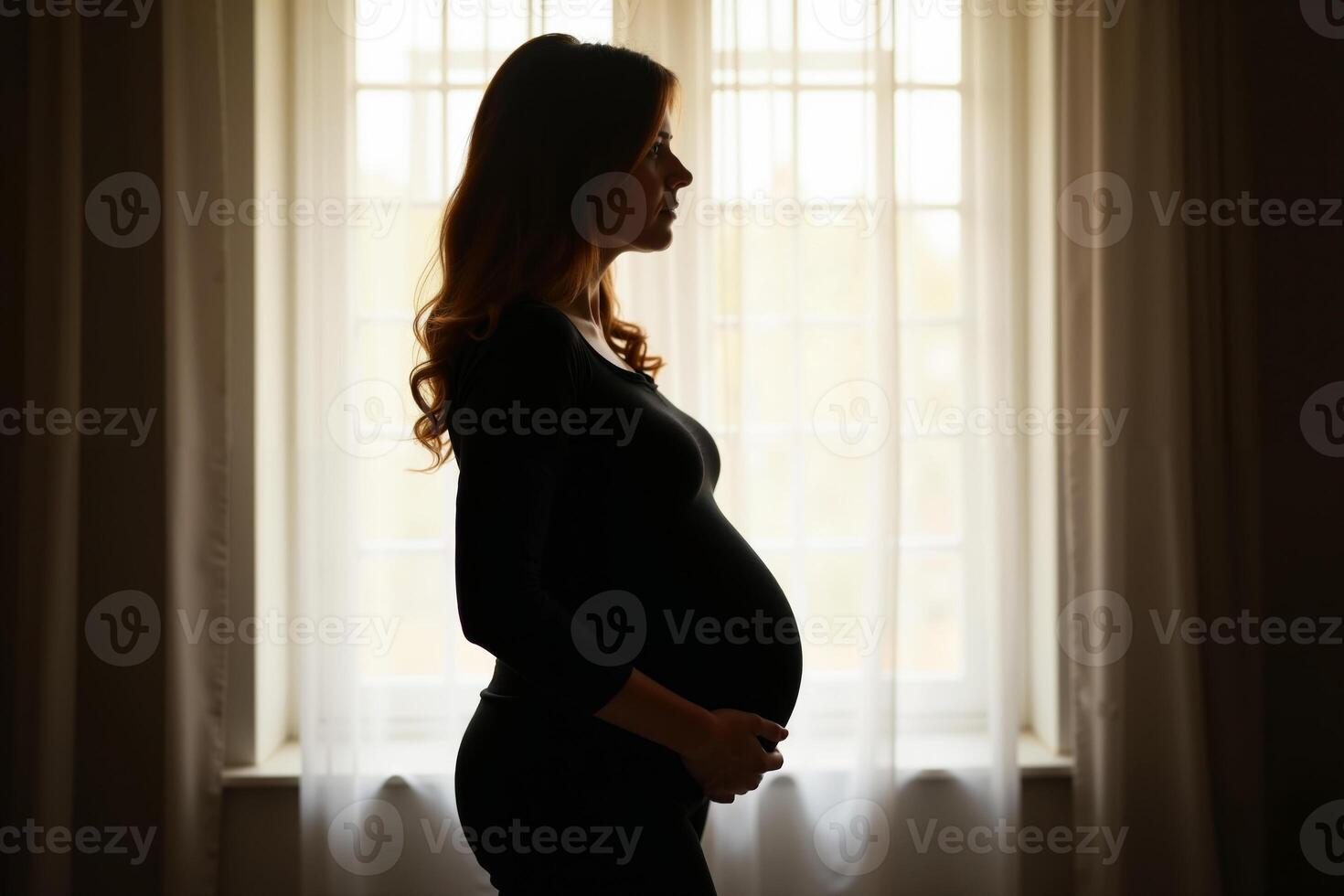 photo of silhouette pregnant woman with white curtain in background,