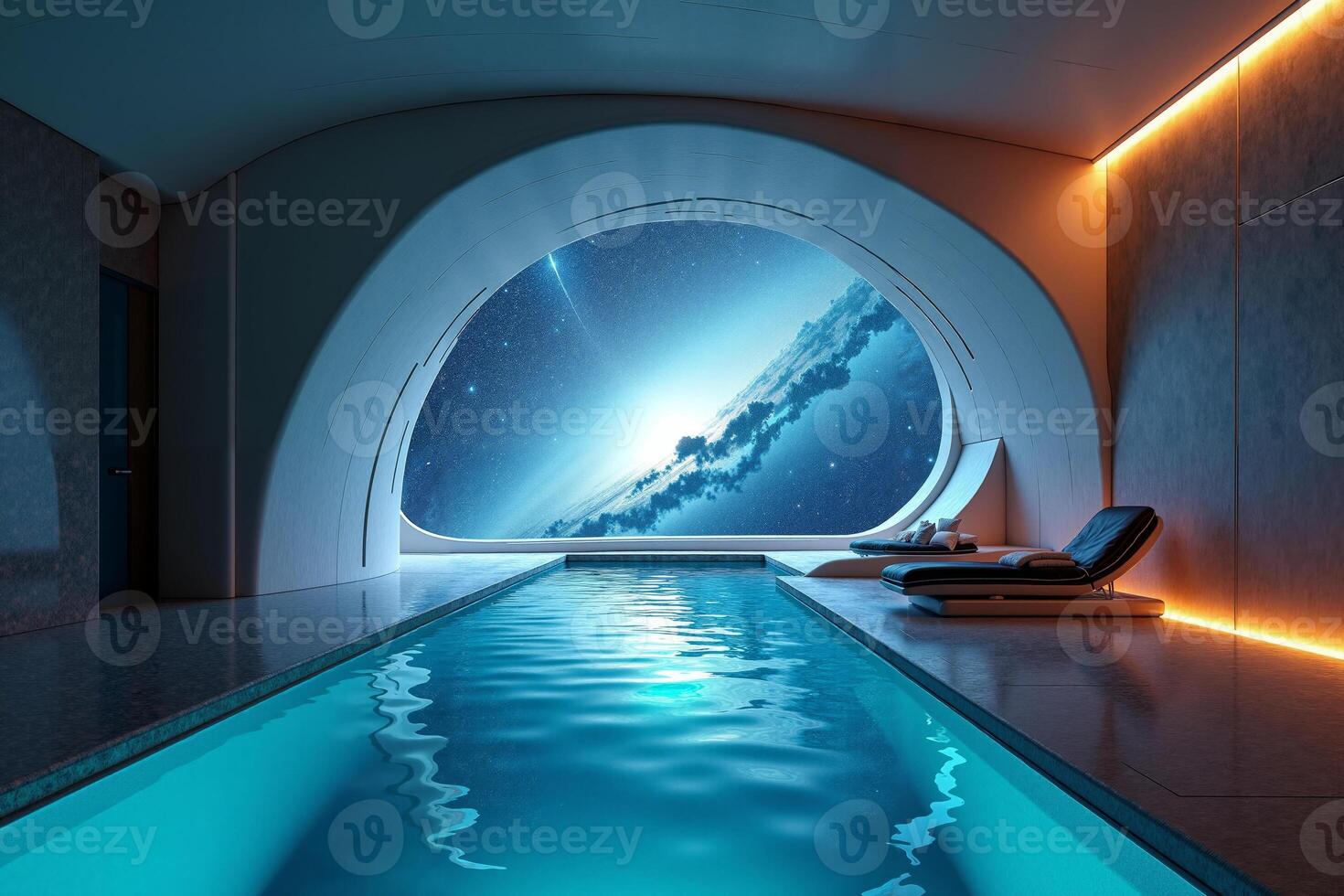 photo of concept swimming room inside spaceship and outer space in background,