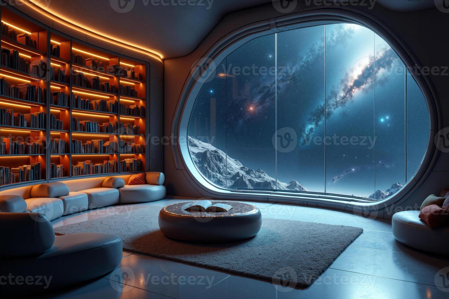 photo of concept swimming room inside spaceship and outer space in background,