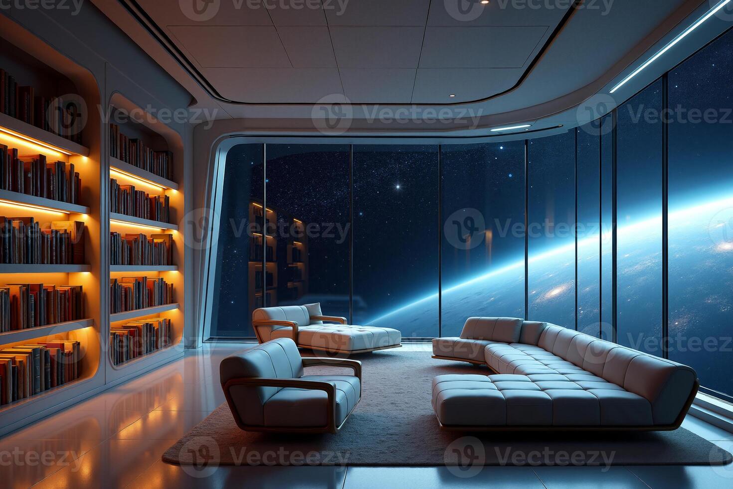 photo of concept swimming room inside spaceship and outer space in background,