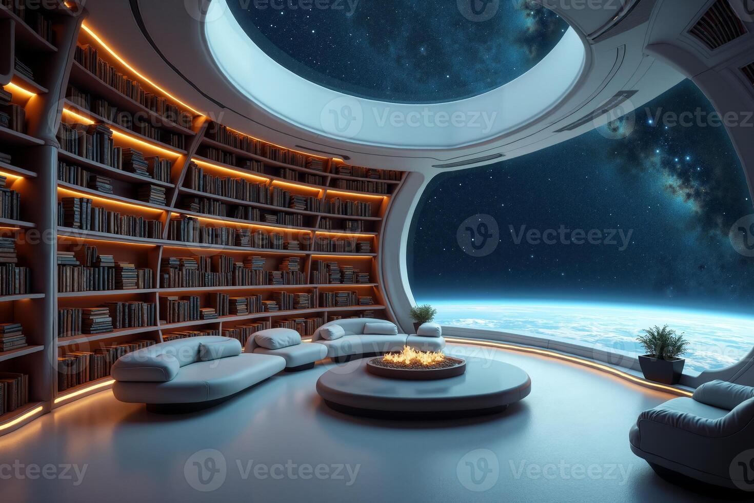 photo of concept swimming room inside spaceship and outer space in background,