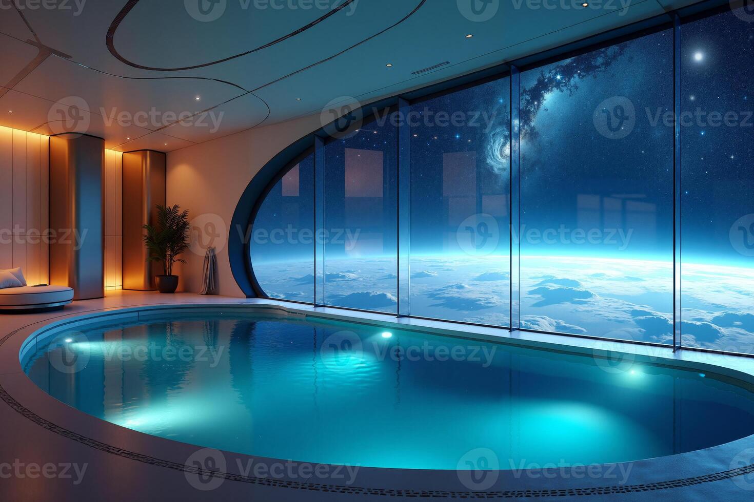 photo of concept swimming room inside spaceship and outer space in background,