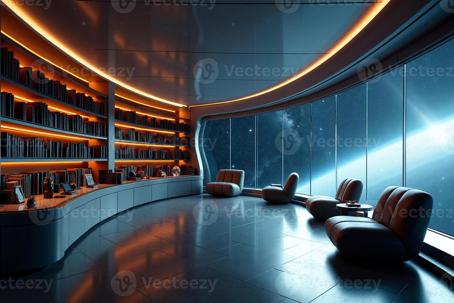 photo of concept swimming room inside spaceship and outer space in background,