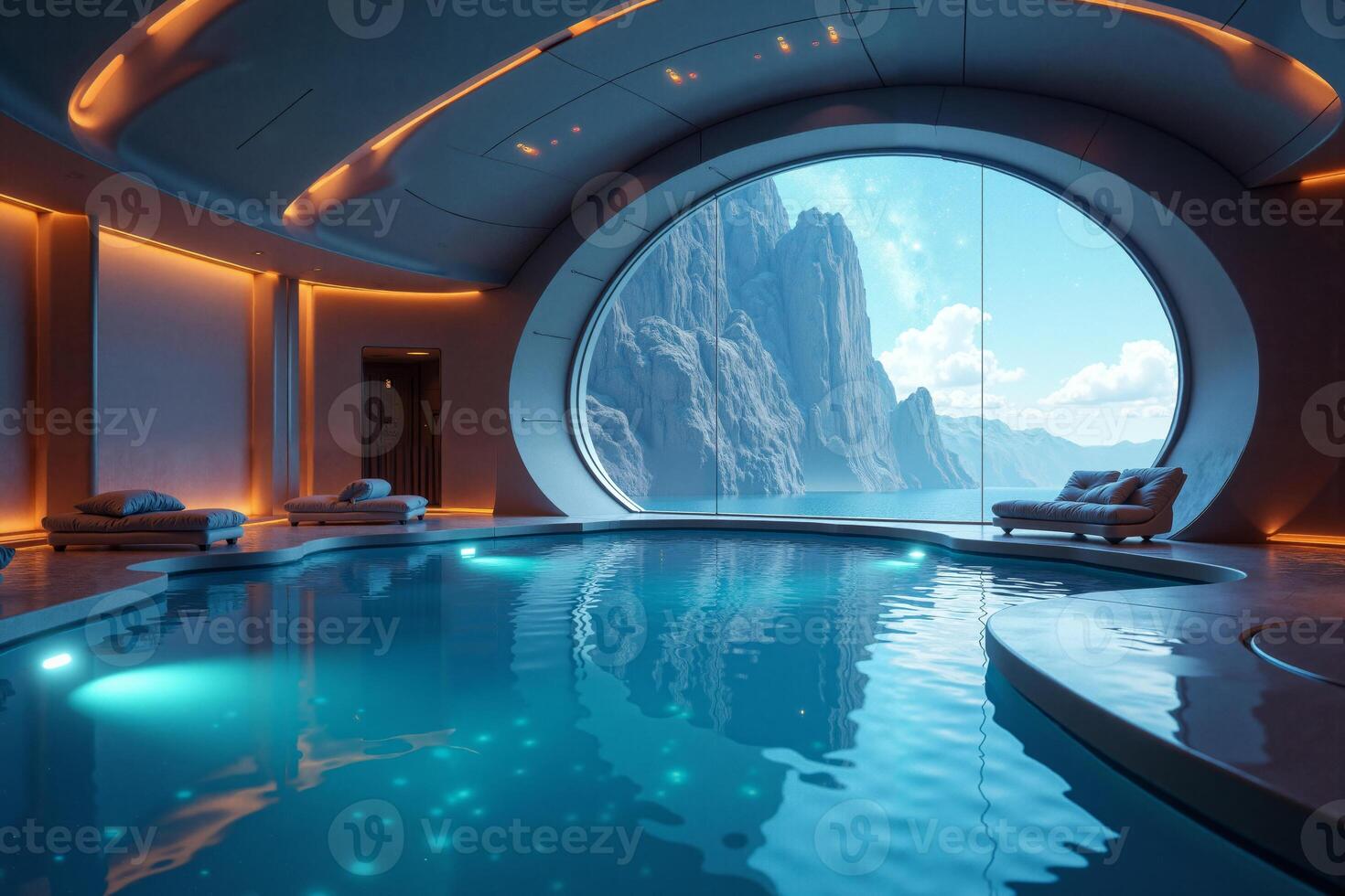 photo of concept swimming room inside spaceship and outer space in background,