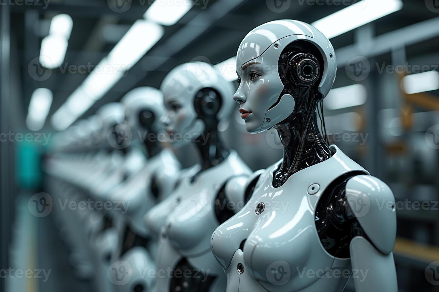 photo of factory line production of strong clean brand new robot Cyborg in a row,