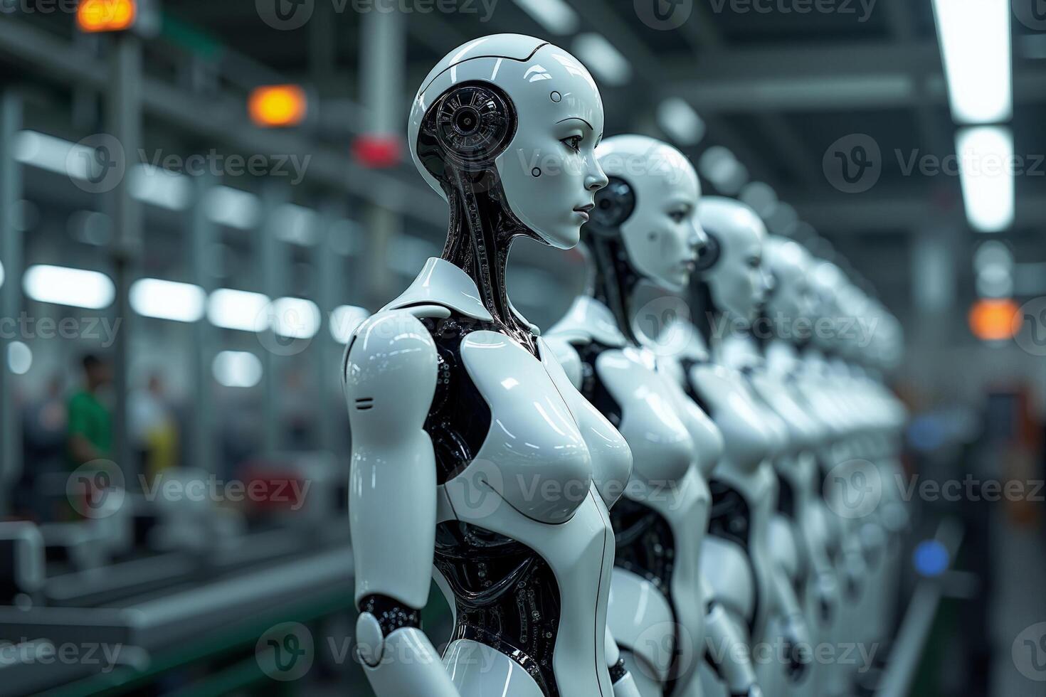 photo of factory line production of strong clean brand new robot Cyborg in a row,