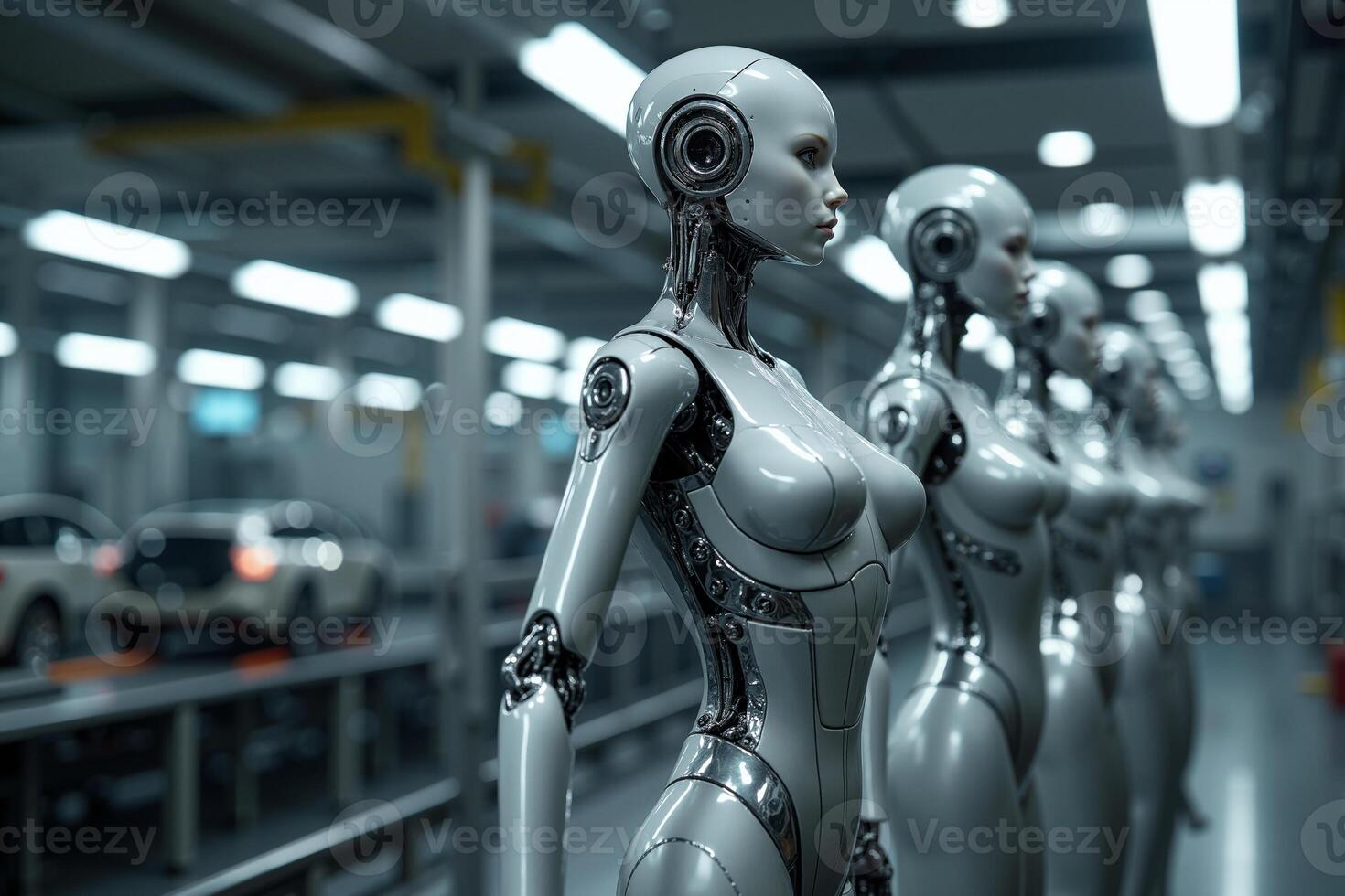 photo of factory line production of strong clean brand new robot Cyborg in a row,