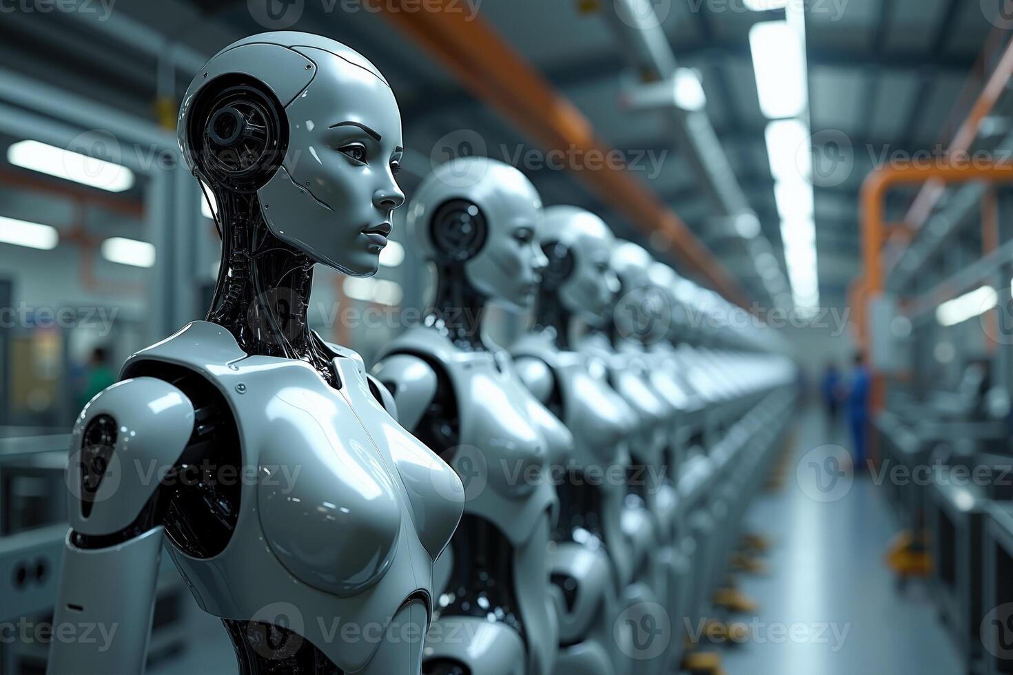 photo of factory line production of strong clean brand new robot Cyborg in a row,