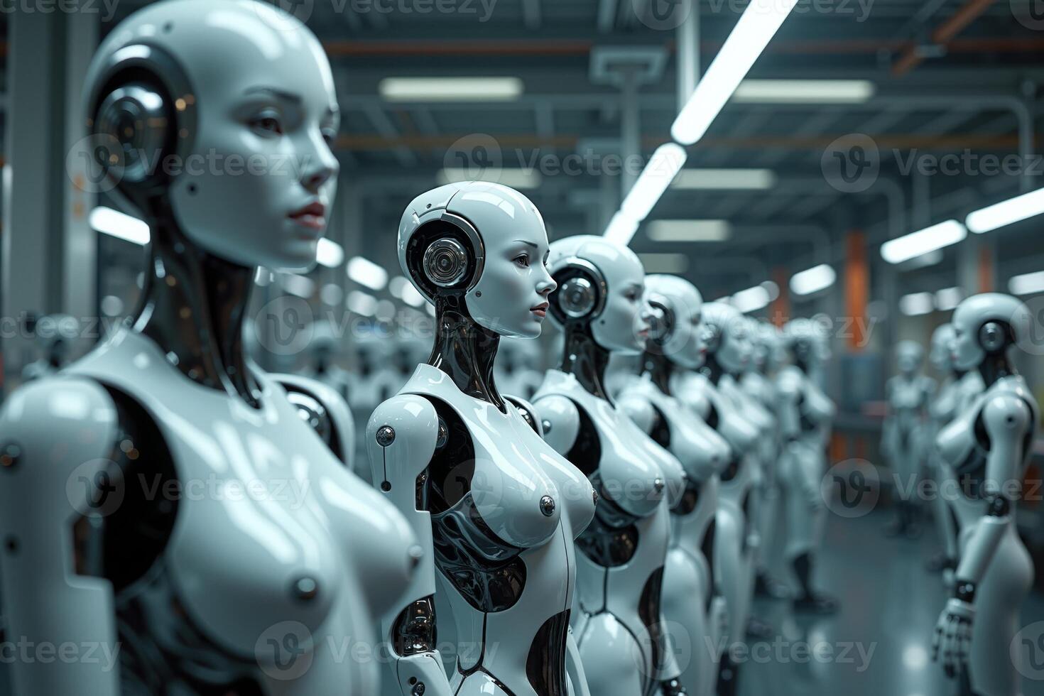 photo of factory line production of strong clean brand new robot Cyborg in a row,