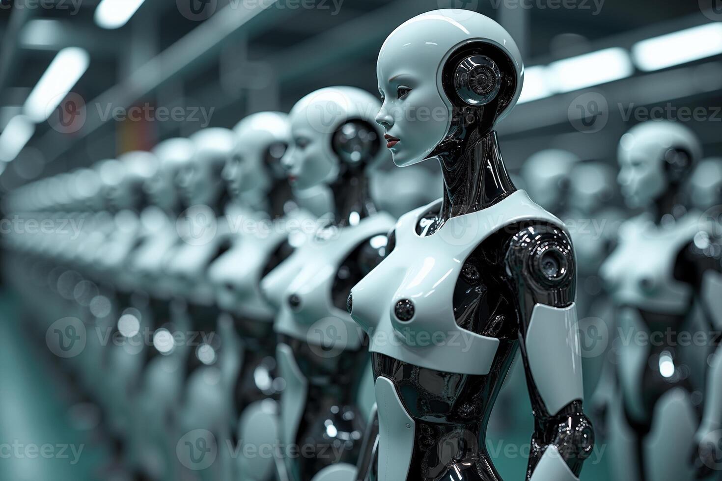 photo of factory line production of strong clean brand new robot Cyborg in a row,