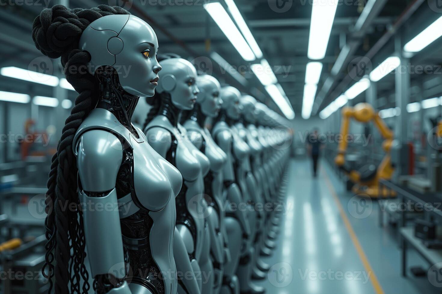 photo of factory line production of strong clean brand new robot Cyborg in a row,