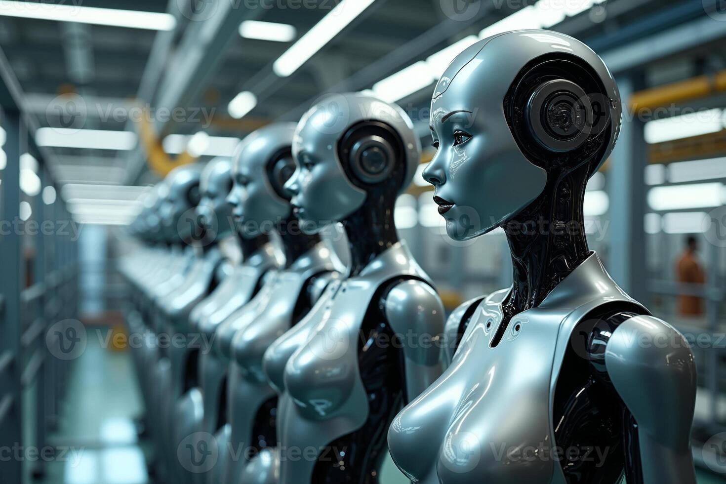 photo of factory line production of strong clean brand new robot Cyborg in a row,