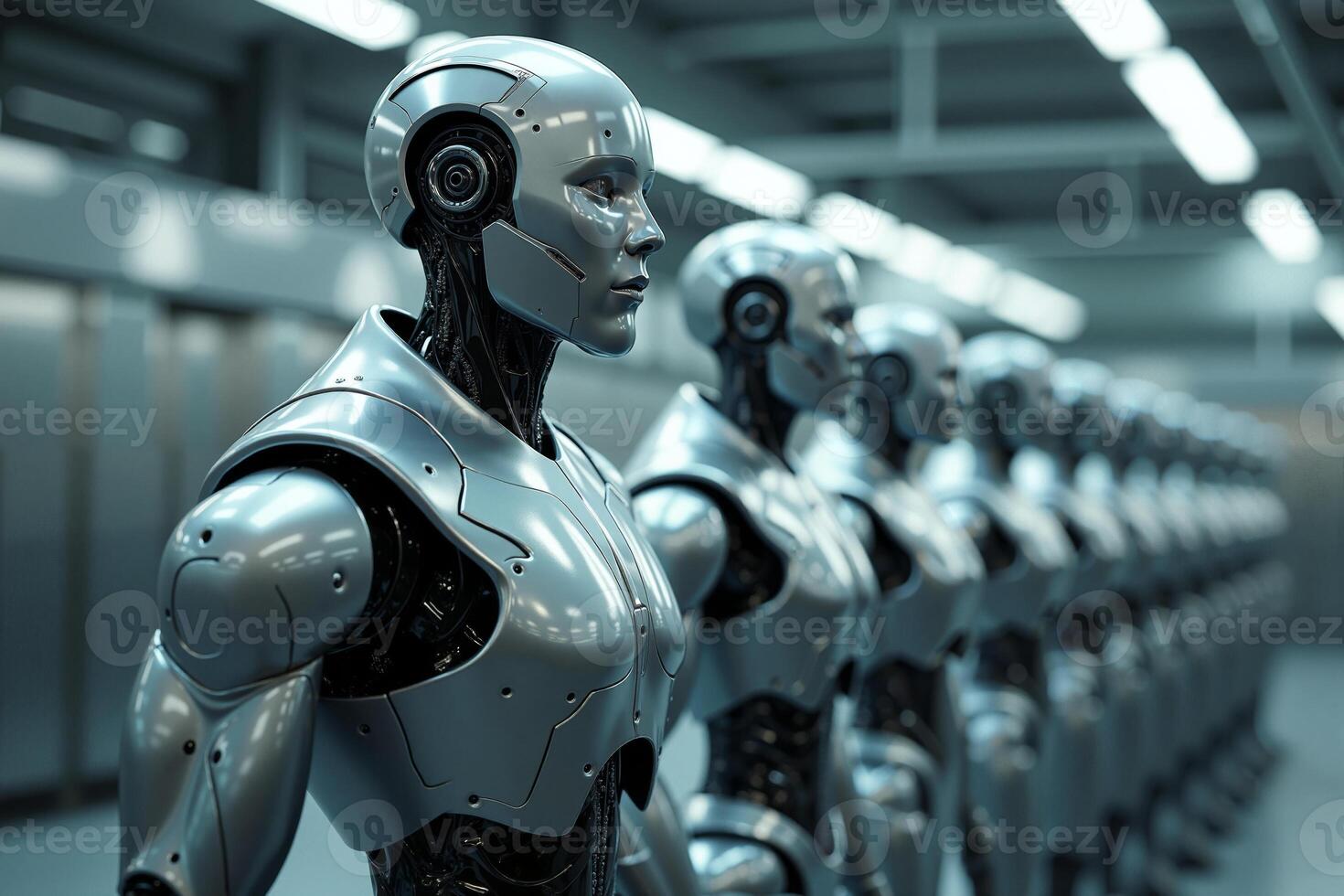 photo of factory line production of strong clean brand new robot Cyborg in a row,