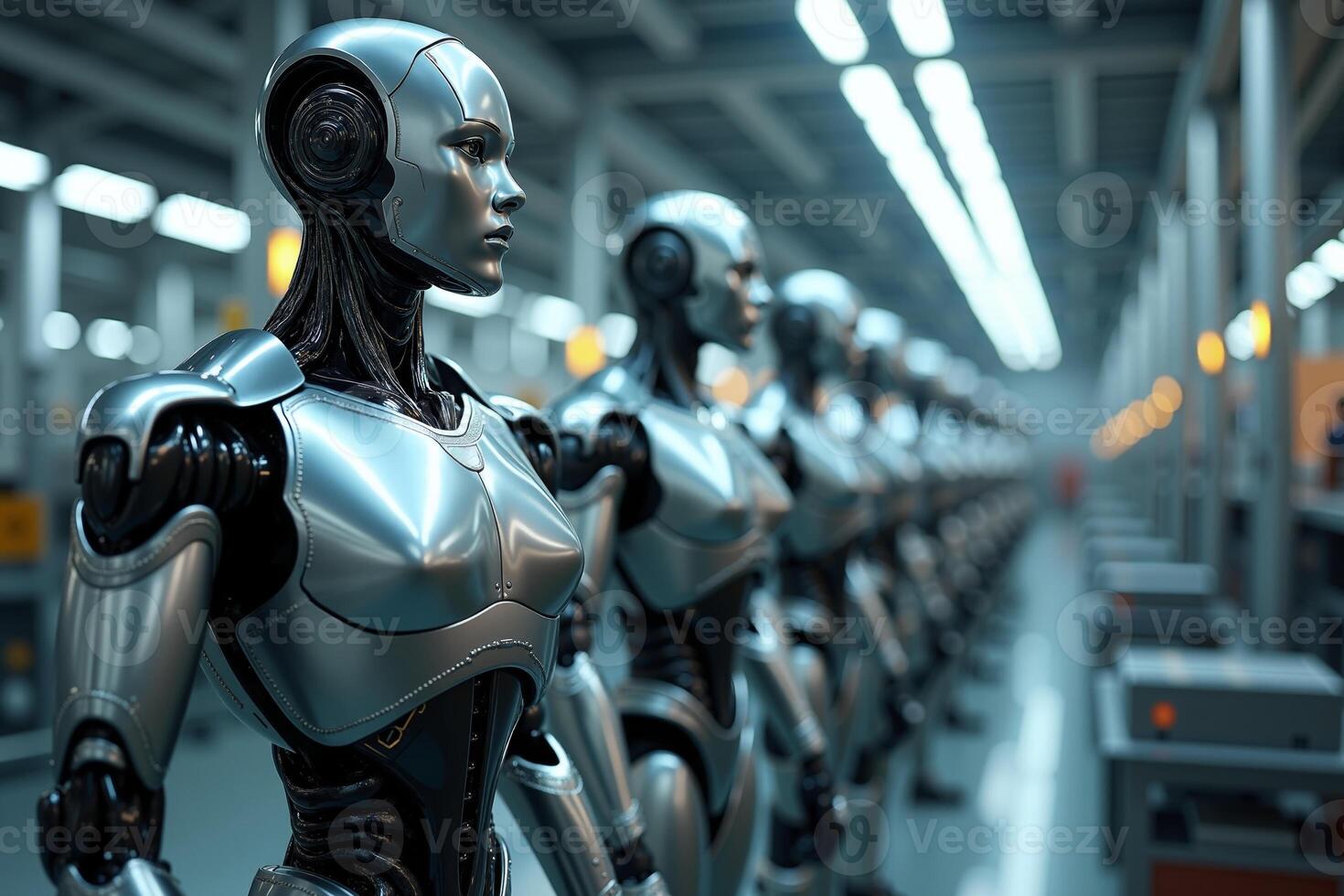 photo of factory line production of strong clean brand new robot Cyborg in a row,