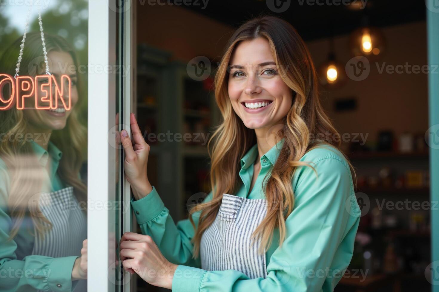 photo of woman standing in front of her store and open sign,