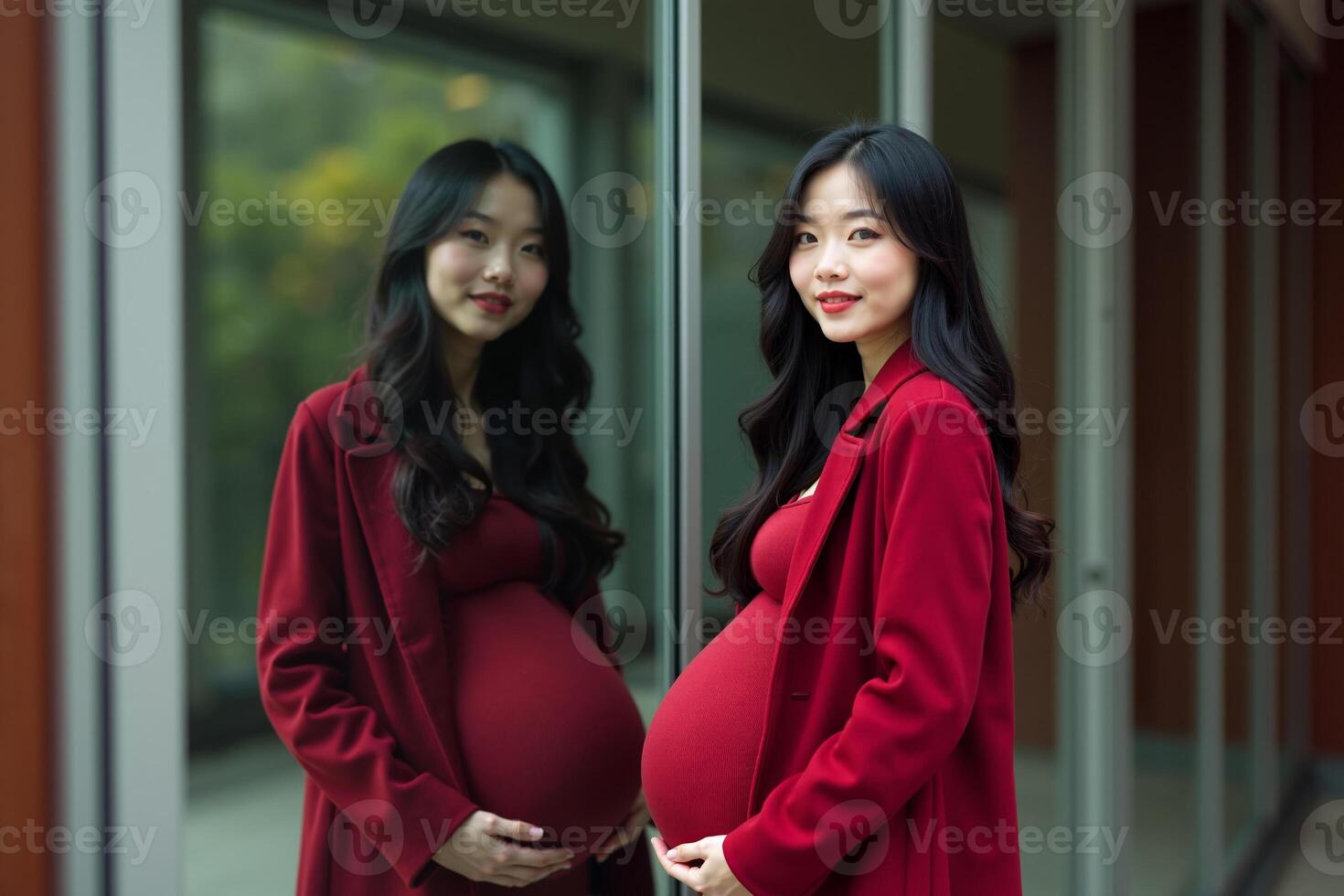 photo of happy pregnant woman standing and posing for picture with mirror and glass wall in background,