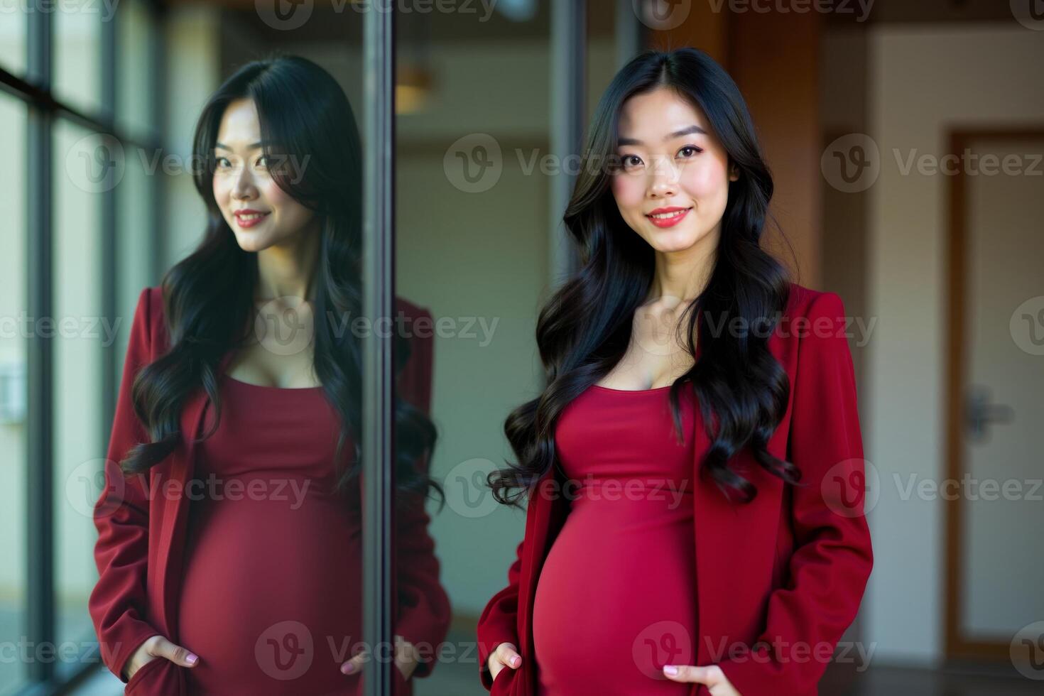 photo of happy pregnant woman standing and posing for picture with mirror and glass wall in background,