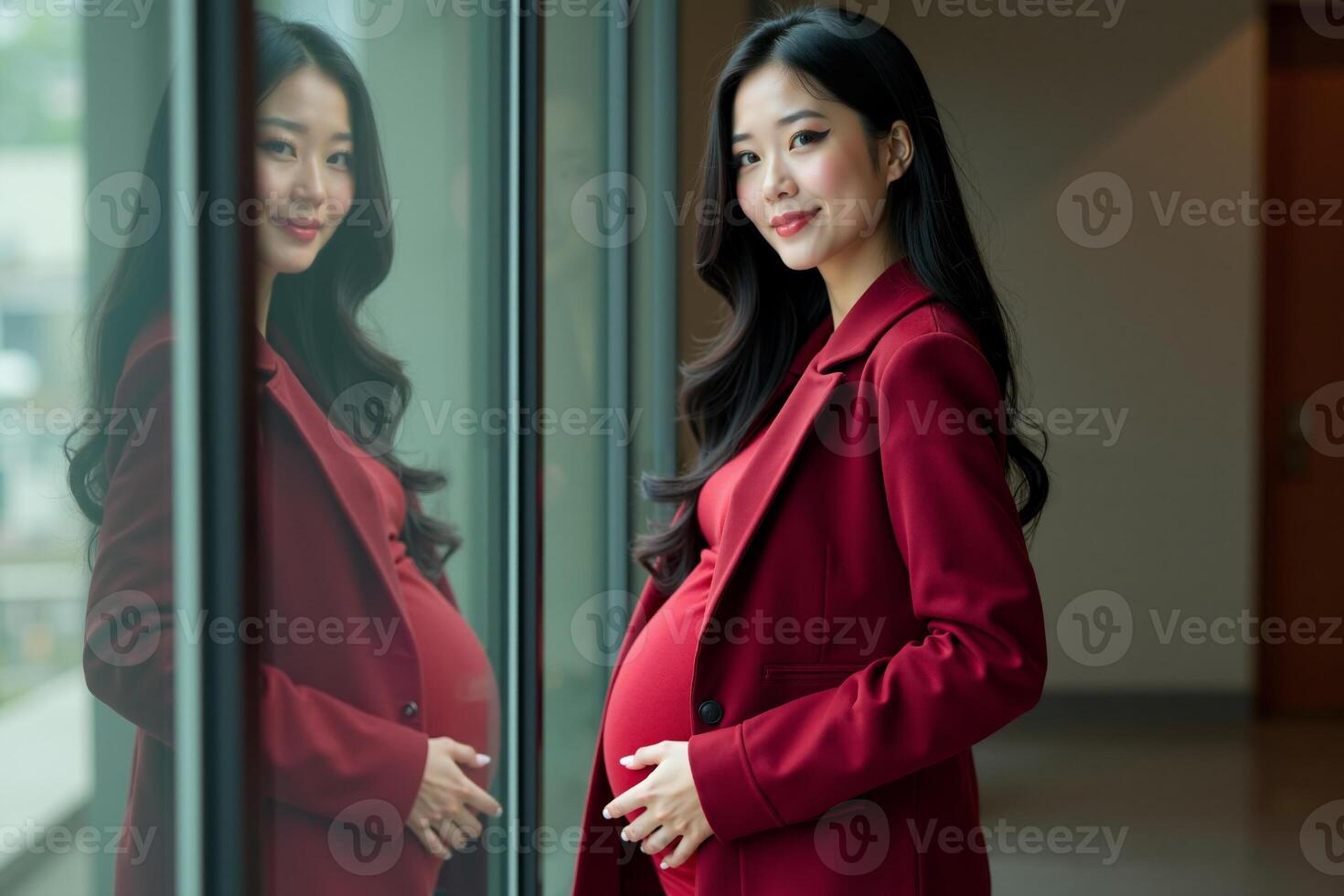 photo of happy pregnant woman standing and posing for picture with mirror and glass wall in background,