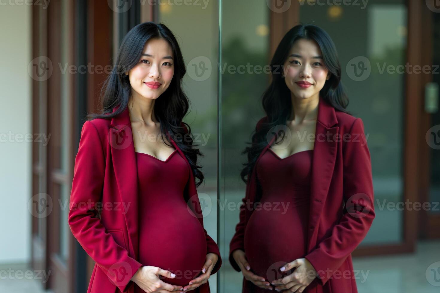 photo of happy pregnant woman standing and posing for picture with mirror and glass wall in background,