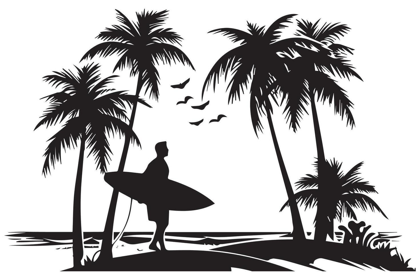 Silhouettes of young men surfing in swimsuits with surfboards on the beach with strong waves, and on a white background. design illustration vector