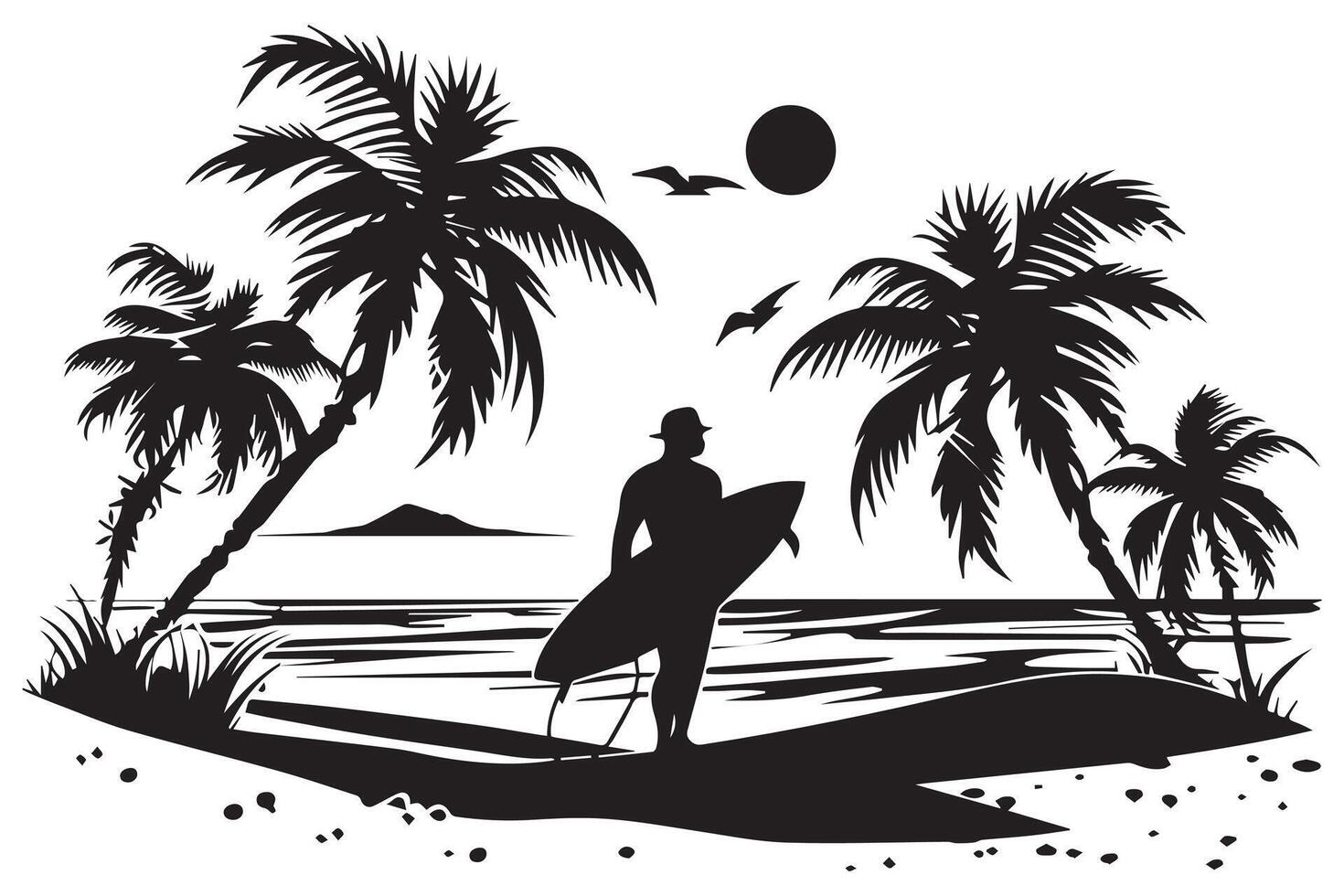 summer art design palm tree surfing man beach white background Pro design vector