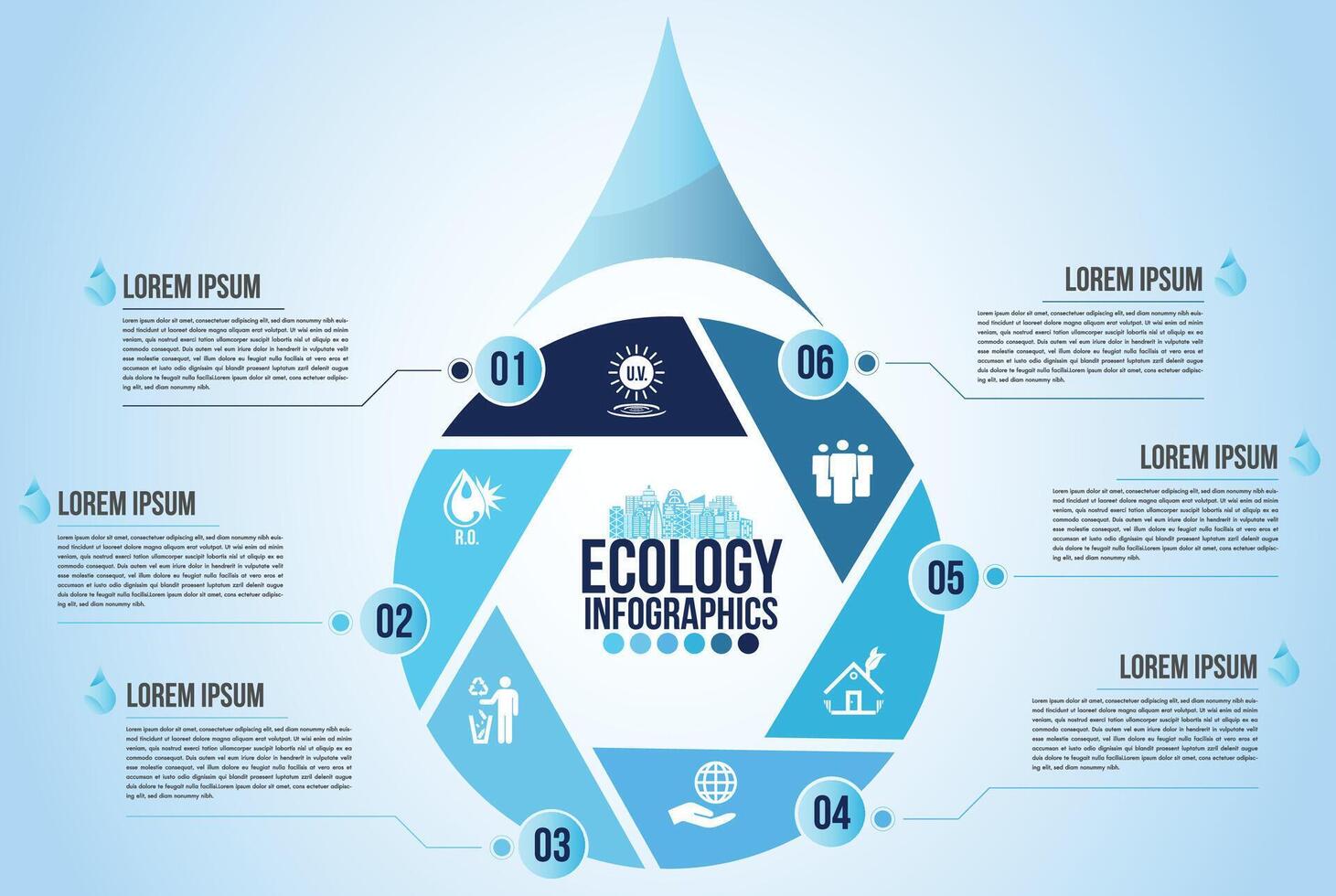 Infographic eco water blue design elements process 6 steps or options parts with drop of water. Ecology organic nature business template for presentation. vector