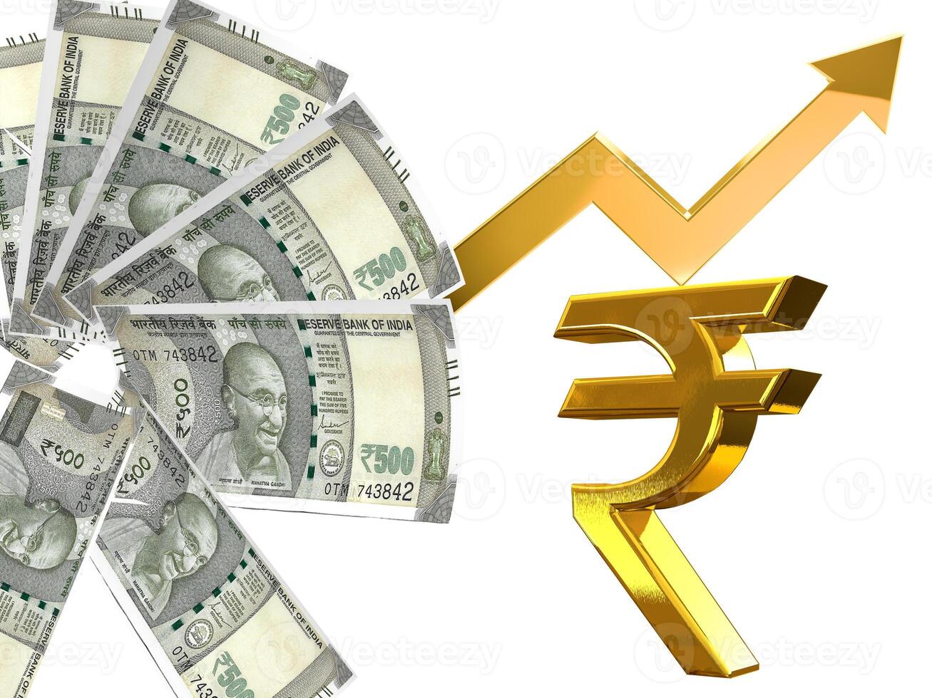 Group of Gold coins and rupees tower on white.Indian rupees and coin. photo