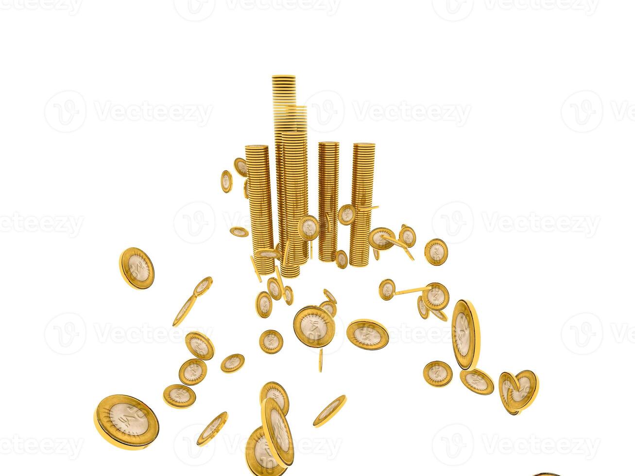 Group of Gold coins and rupees tower on white.Indian rupees and coin. photo