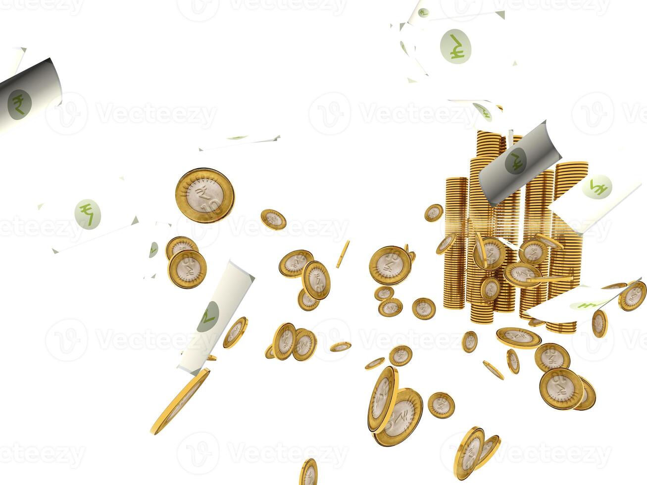 Group of Gold coins and rupees tower on white.Indian rupees and coin. photo