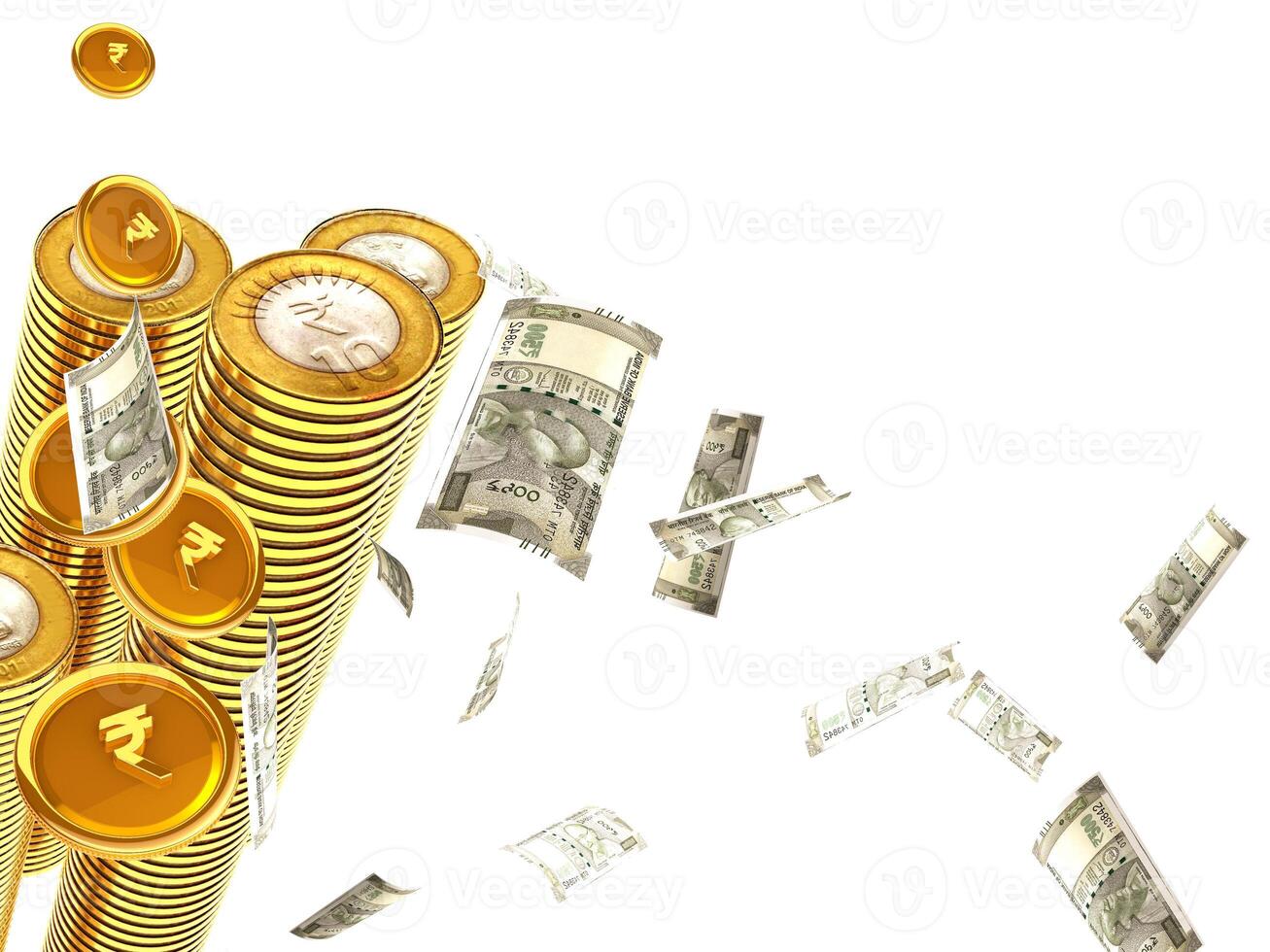 Group of Gold coins and rupees tower on white.Indian rupees and coin. photo