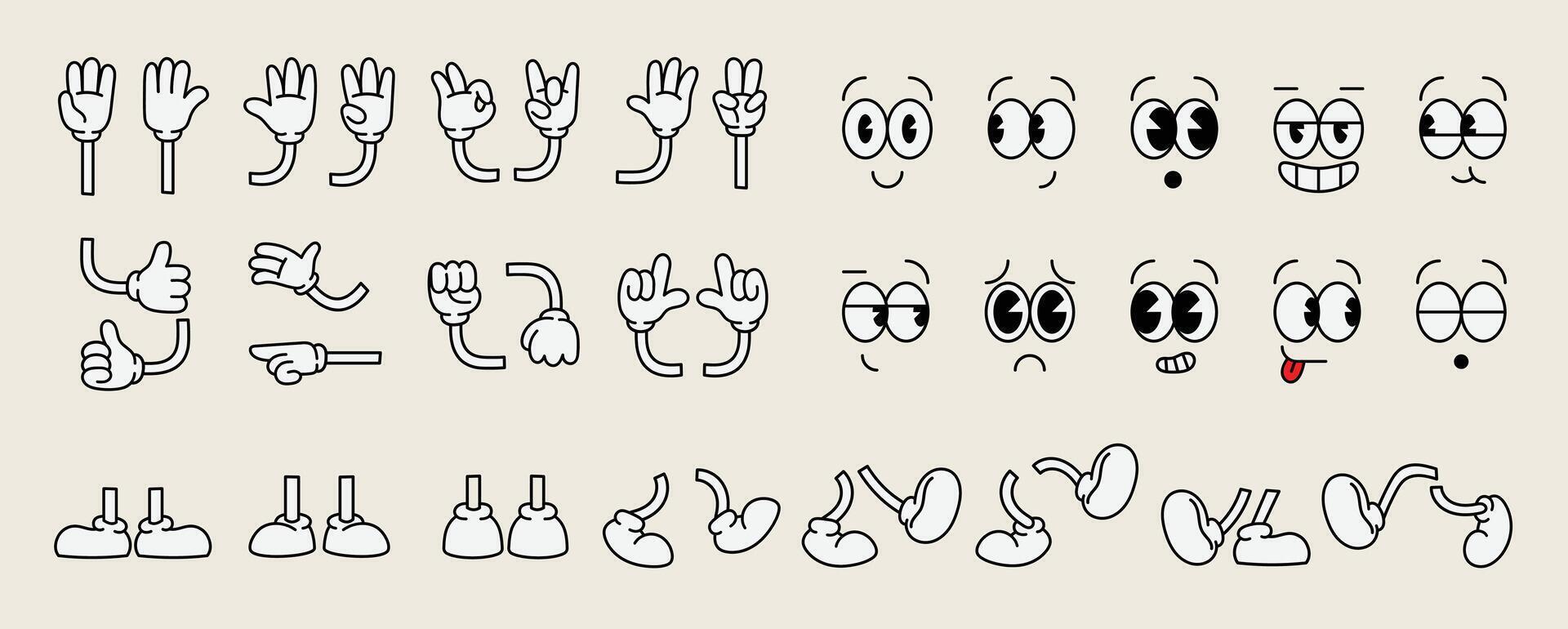 Set of 70s groovy comic faces . Collection of cartoon character faces, leg, hand in different emotions happy, angry, sad, cheerful. Cute retro groovy hippie illustration for decorative, sticker. vector