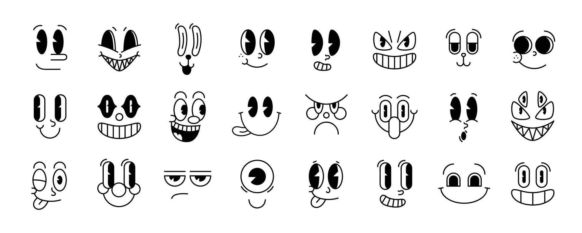 Set of 70s groovy comic faces . Collection of cartoon character faces, in different emotions, happy, angry, sad, cheerful. Cute retro groovy hippie illustration for decorative, sticker. vector