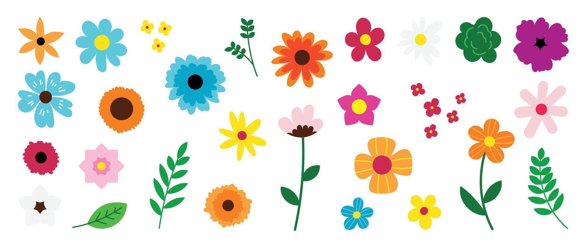 Collection of spring colorful flower elements . Set floral of wildflower, leaf branch, foliage on white background. Hand drawn blossom illustration for decor, easter, sticker, clipart, print. vector