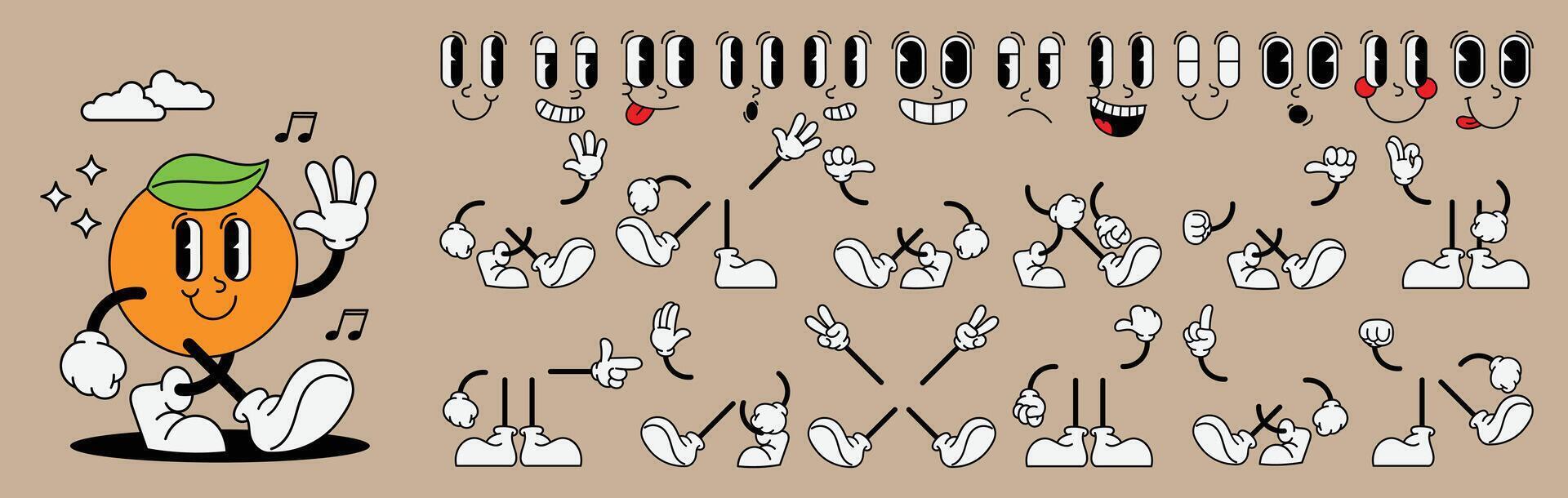 Set of 70s groovy comic faces . Collection of cartoon character faces, leg, hand in different emotions happy, angry, sad, orange. Cute retro groovy hippie illustration for decorative, sticker. vector