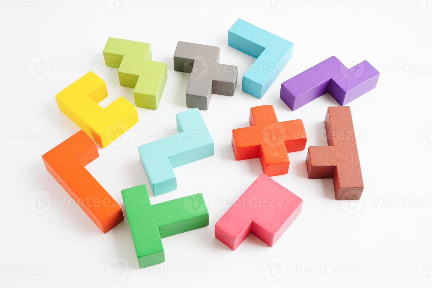 Logical thinking and problem solving problem solution creative business concept, wooden puzzle geometric block shape. photo
