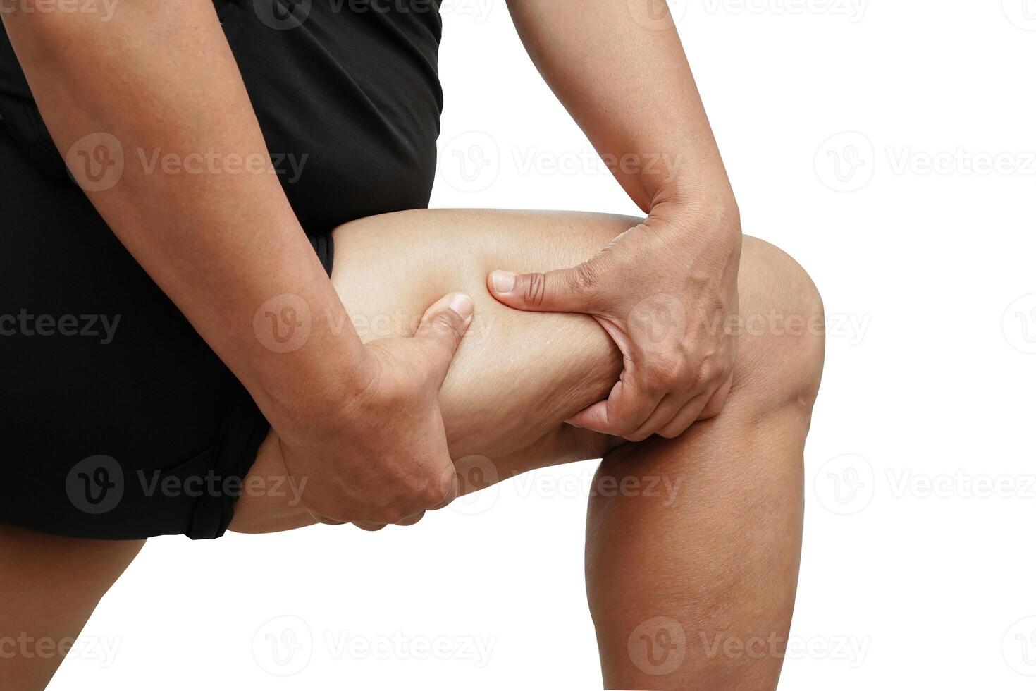Asian woman with cellulite on leg skin fat, isolated on white background with clipping path.overweight problem. photo
