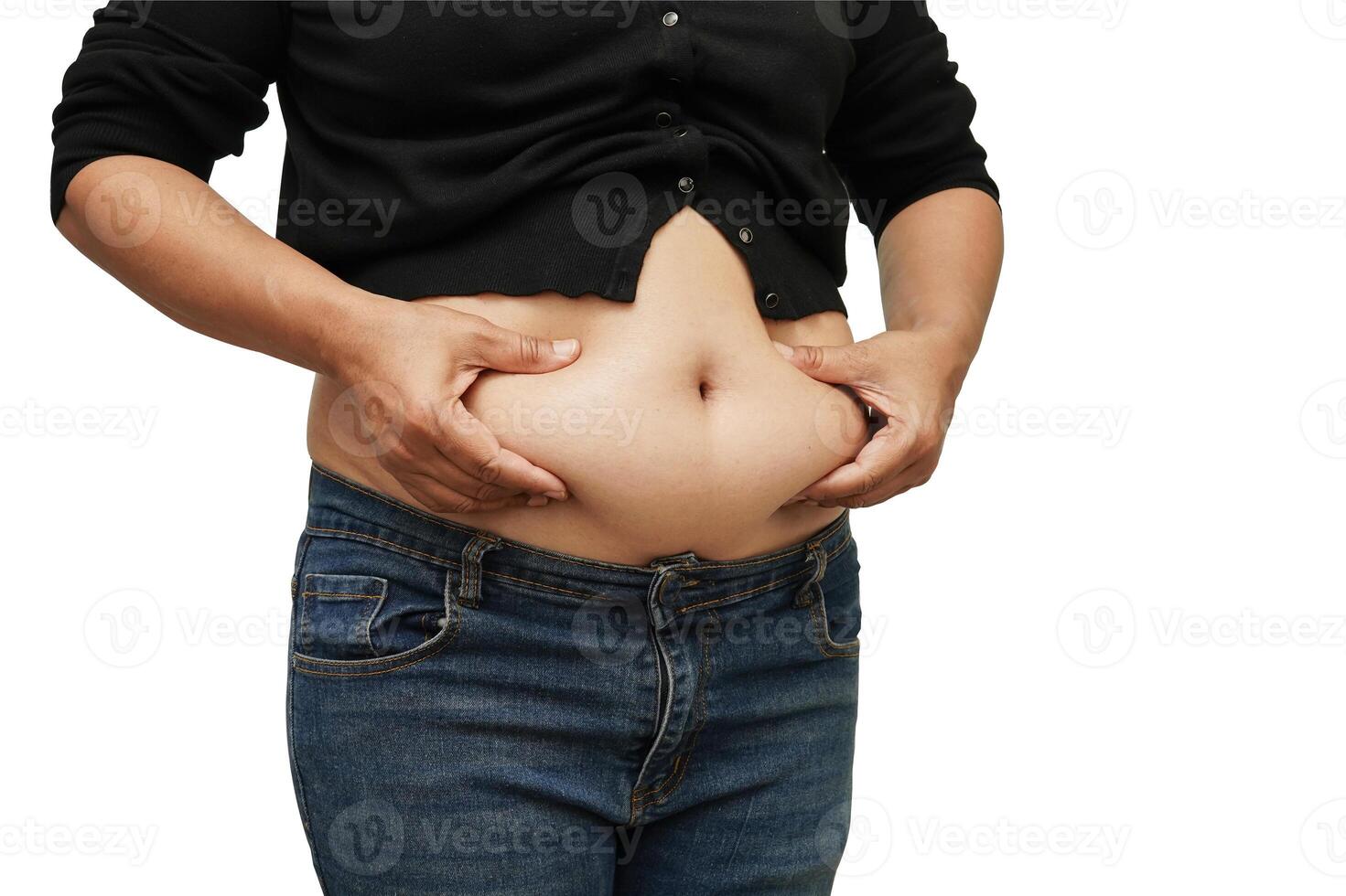 Asian woman show fat belly big size overweight and obesity isolated on white background with clipping path. photo