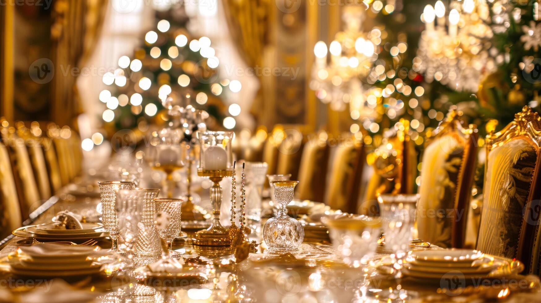 Opulent dining table set for Christmas banquet in luxury restaurant with Christmas tree, crystal glassware, golden decor. Concept of luxury holiday celebration, ornate interior design photo